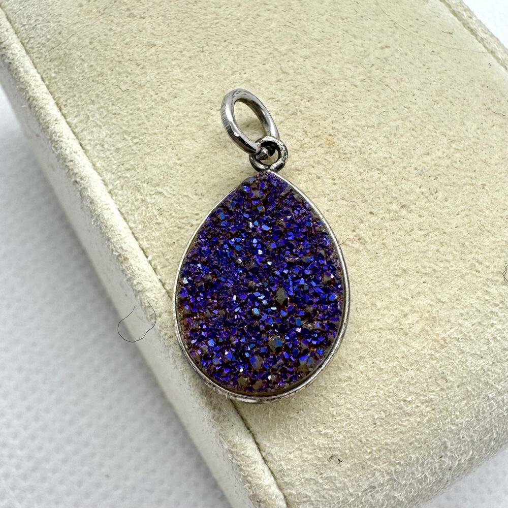 Blue Purple Druzy 925 Sterling Silver Pendant Teardrop 3/4in Open Bezel Sparkle